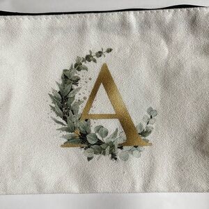 Gold Letter A Canvas Pouch with Green Leaf Wreath